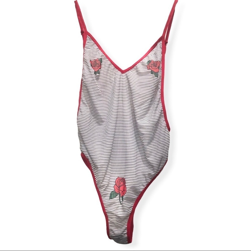 CHASER CHA SOR Intimates Red Rose With Black Stripe Mesh Bodysuit